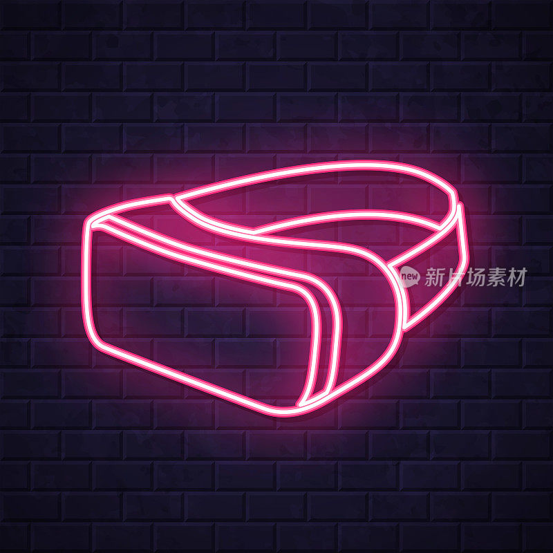 虚拟现实耳机- VR。在砖墙背景上发光的霓虹灯图标